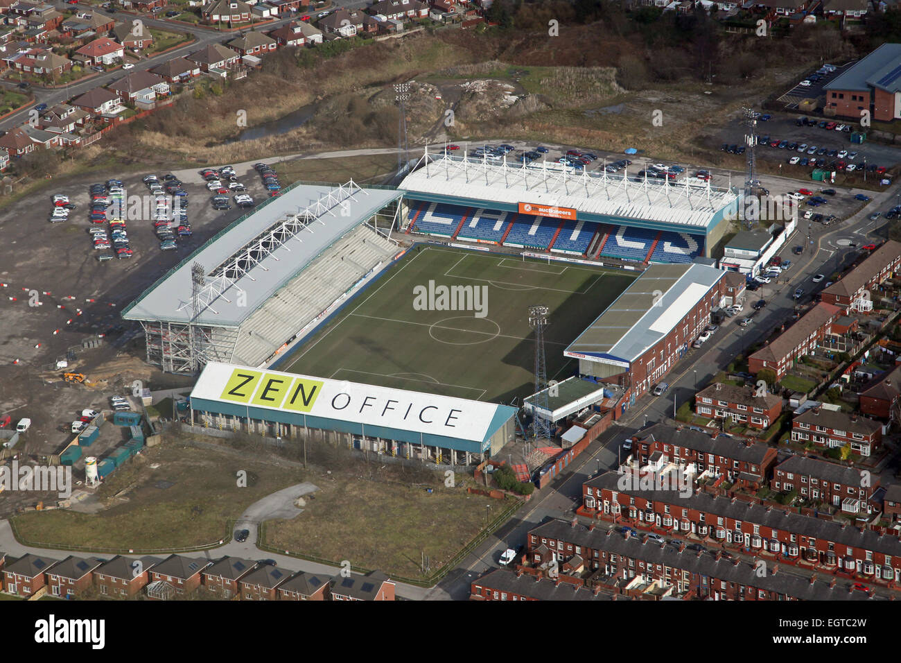 Vue aérienne de FC Oldham Boundary Park Stadium Banque D'Images