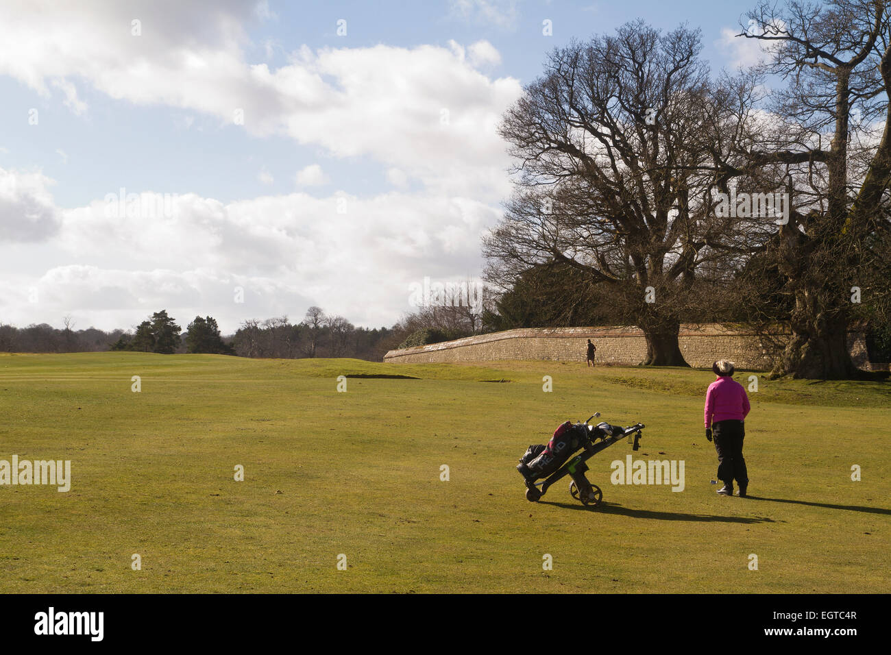 Femme âgée jouer au golf au parcours de golf de Knole House dans le Kent Banque D'Images