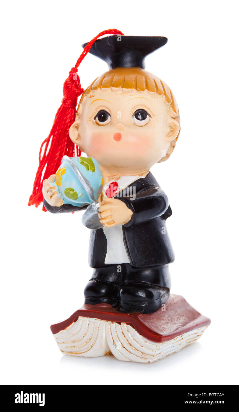 Figurine d'un jeune diplômé isolé sur fond blanc. Banque D'Images