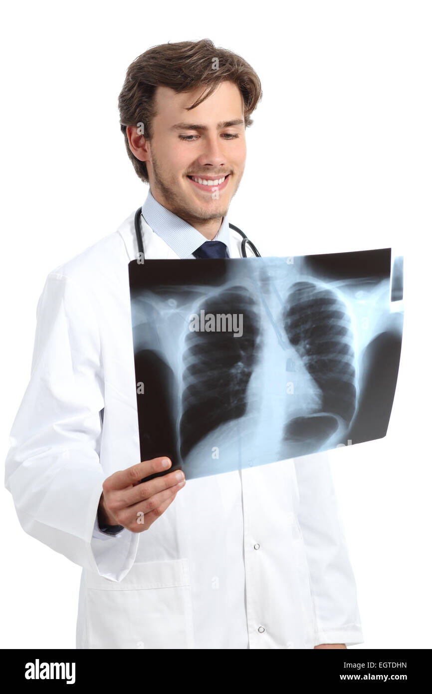 Heureux l'homme médecin examinant une radiographie sur un fond blanc Banque D'Images