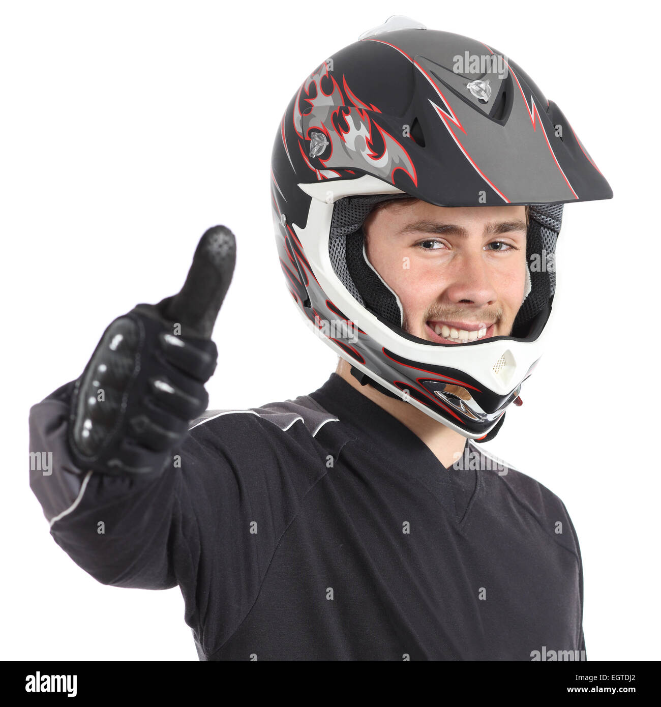 Happy motor biker man gesturing Thumbs up isolé sur fond blanc Banque D'Images