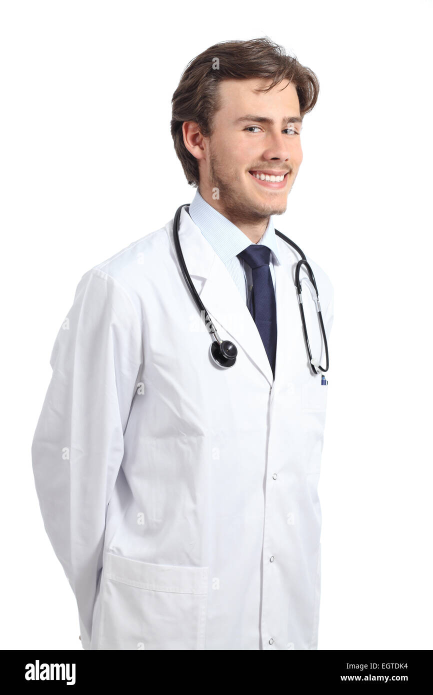 Jeune médecin homme posant heureux isolé sur fond blanc Banque D'Images