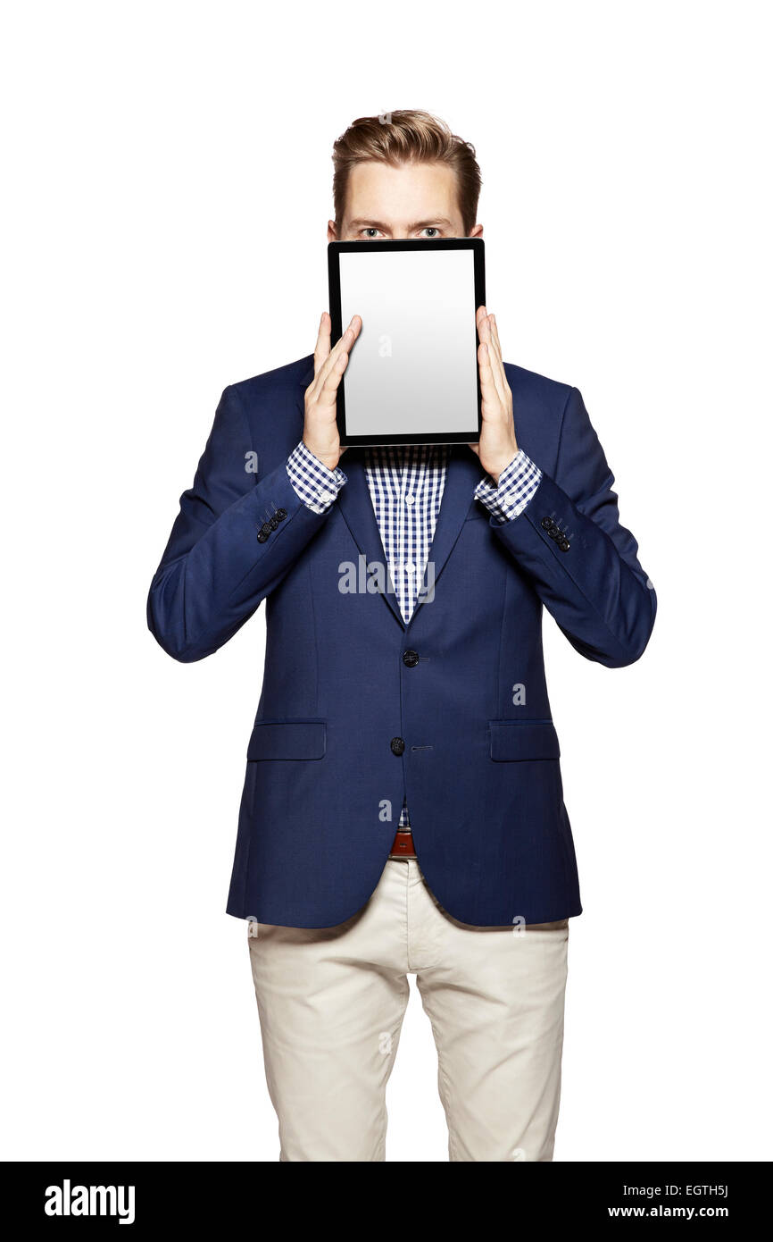 Portrait of a young woman holding a blank tablette numérique. Banque D'Images