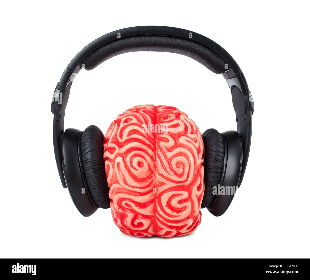 Cerveau humain avec des écouteurs en caoutchouc sur fond blanc. Banque D'Images