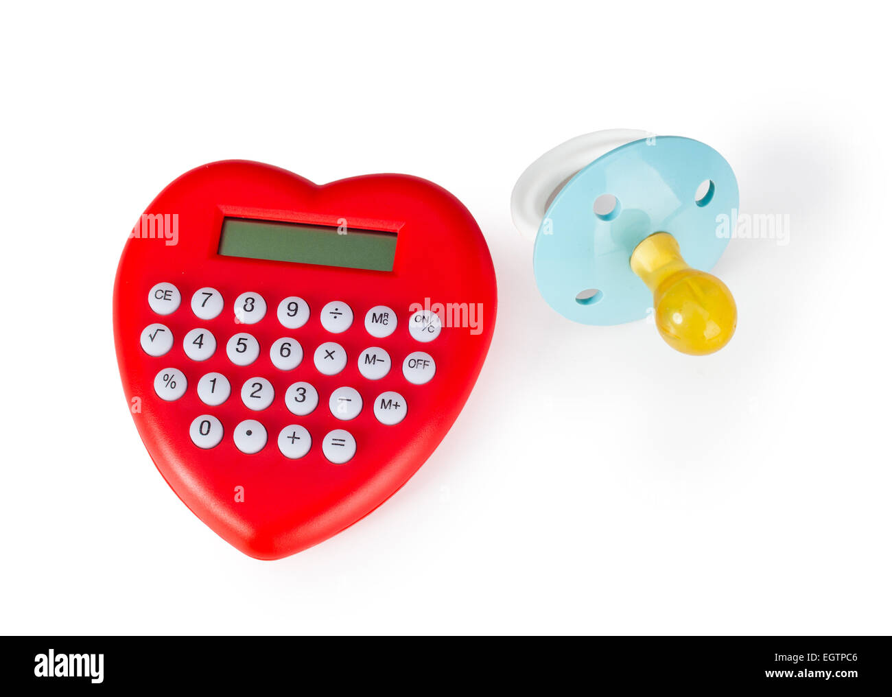 Sucette en forme de coeur et Calculatrice. Concept de dépenses à l'appui des fils. Banque D'Images