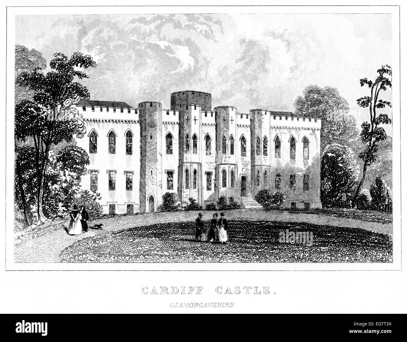 Une gravure du château de Cardiff, numérisées à haute résolution à partir d'un livre imprimé autour de 1850. Banque D'Images