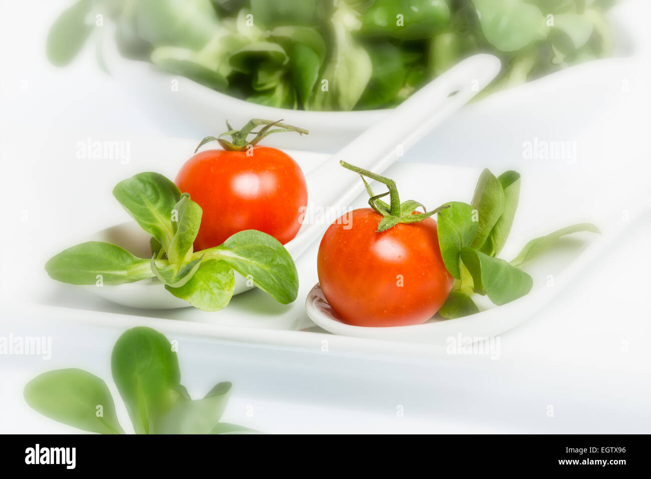 Valerianella locusta, salade de maïs, tomate cerise, mâche sur fond blanc Banque D'Images