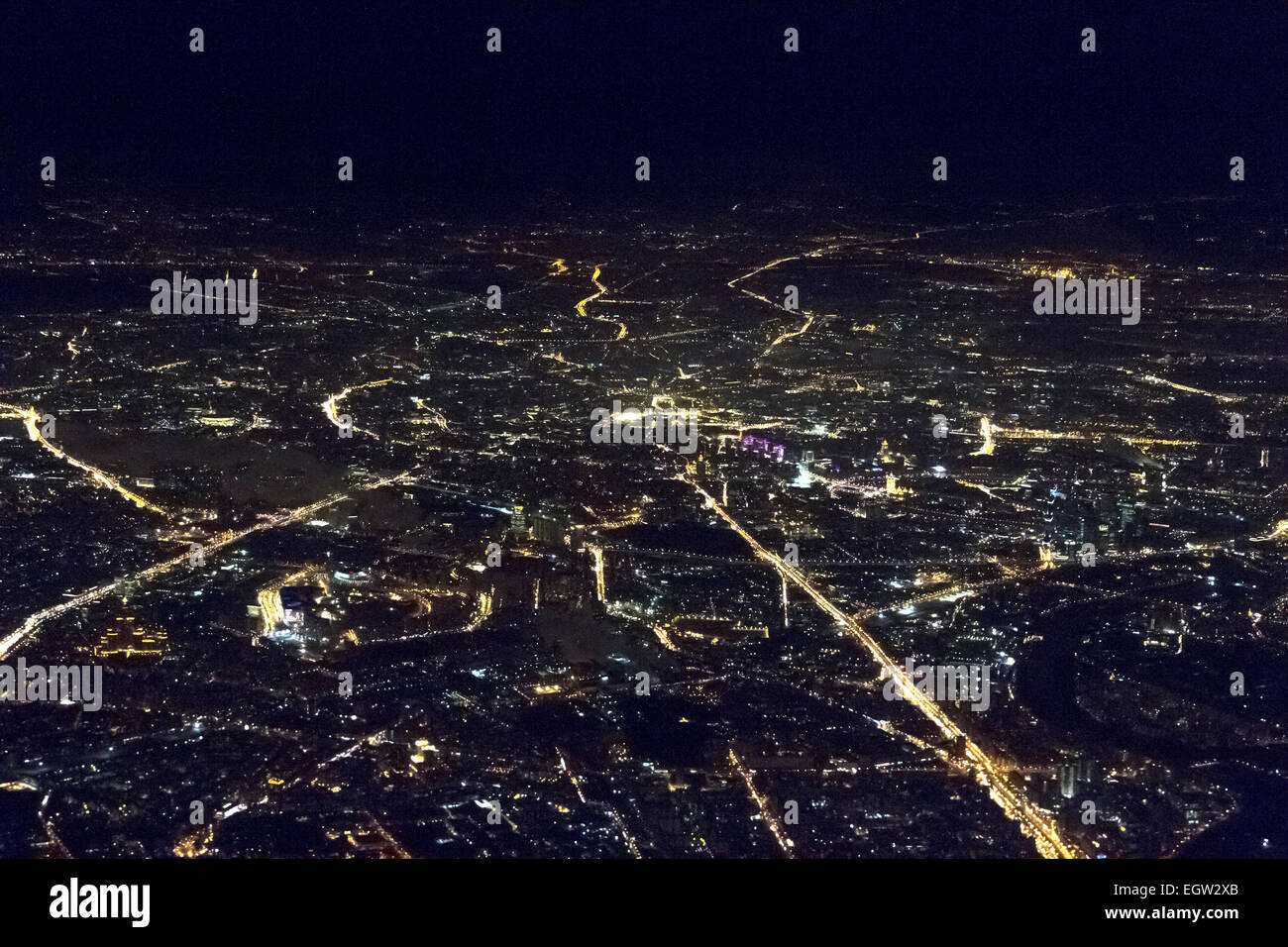 Vue de nuit depuis l'avion Moscou, Russie . Banque D'Images