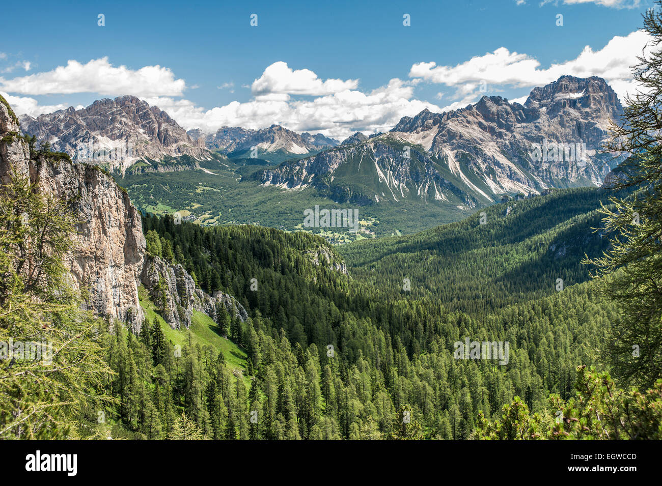 Paysage de montagne avec des forêts d'épinettes près de Cortina d'Ampezzo, vue depuis le 5 Torri-Des-Alpes Areal Banque D'Images