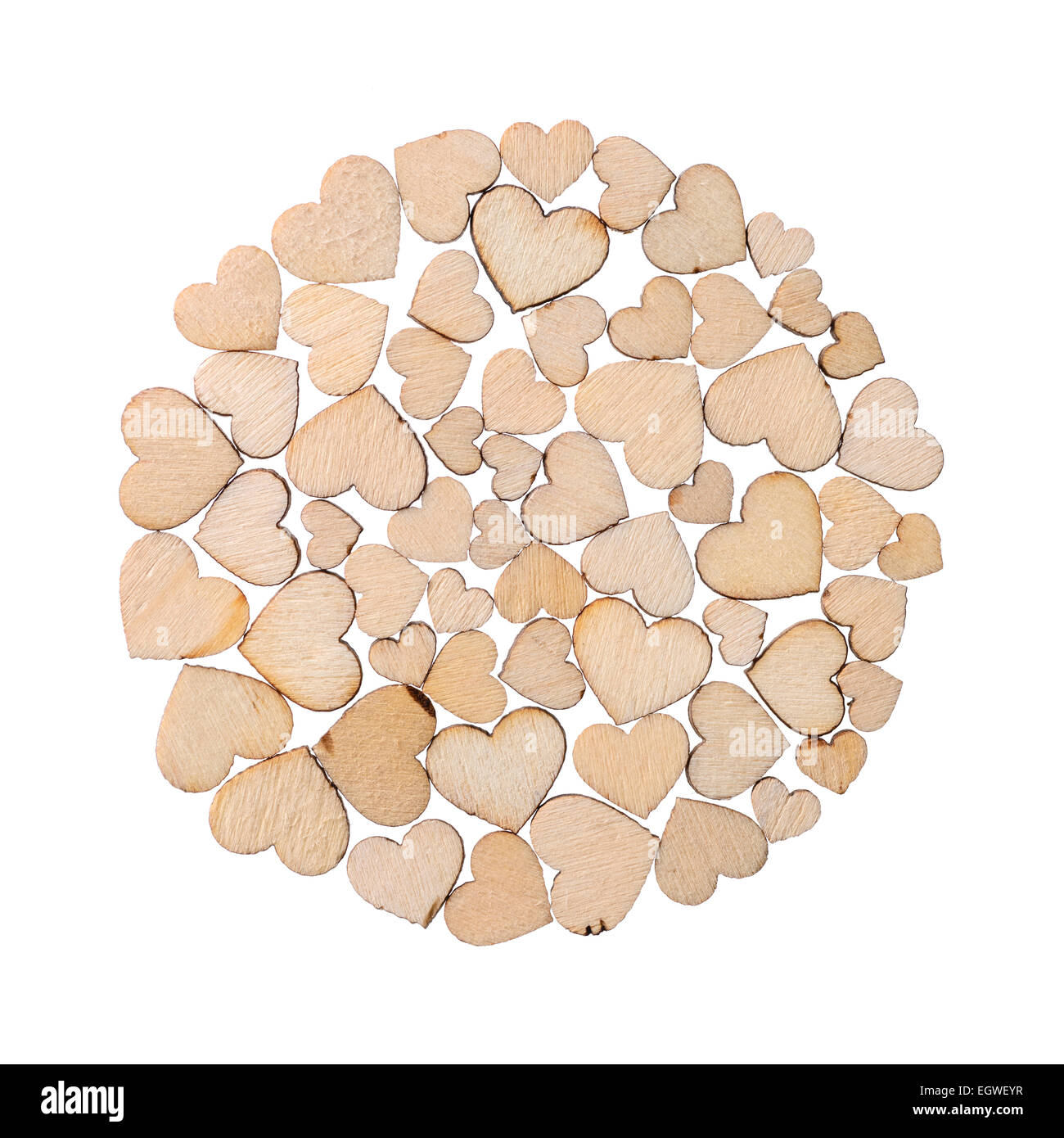 Milieux et de textures : cercle fait de petits coeurs en bois lasercut, isolé sur fond blanc Banque D'Images Milieux et de textures : cercle fait de petits coeurs en bois lasercut, isolé sur fond blanc Banque D'Images