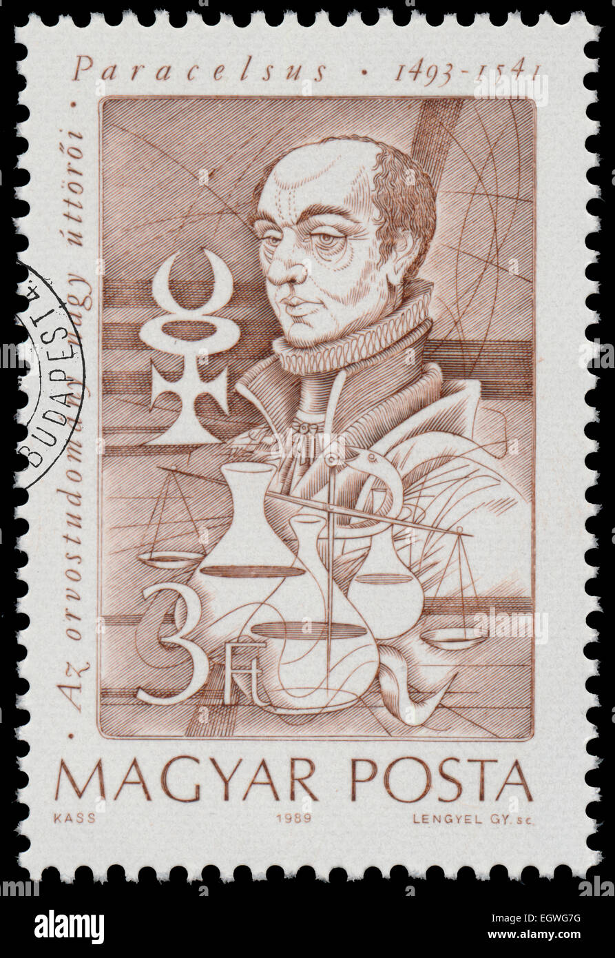Hongrie - circa 1989 : timbres en Hongrie montre pionniers médicaux - Paracelse (1493-1541), circa 1989 Banque D'Images