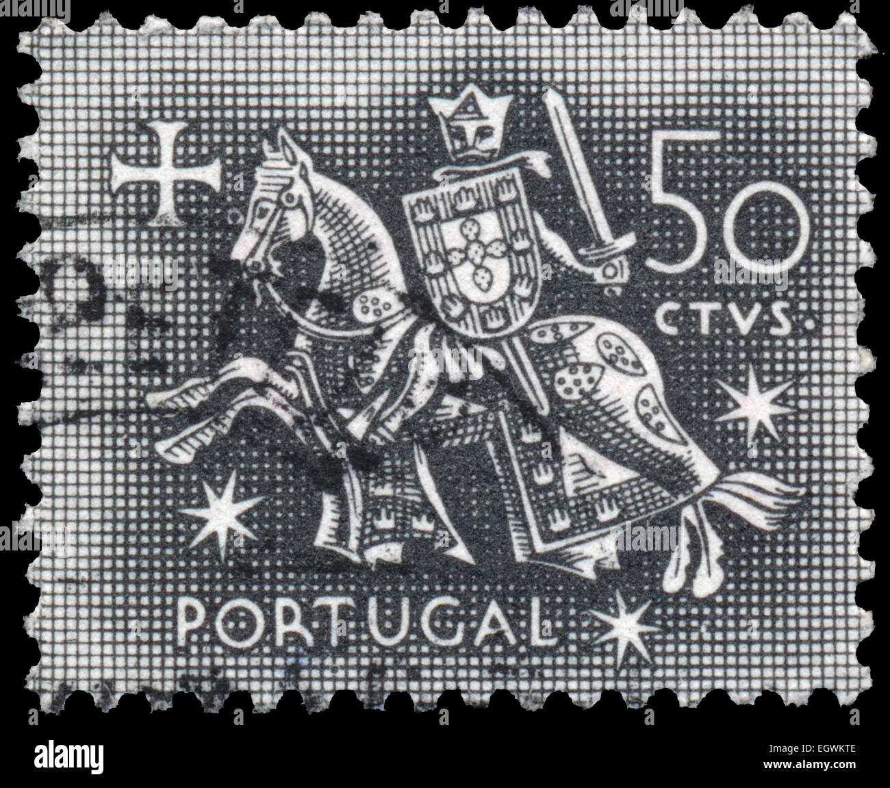 PORTUGAL - VERS 1953 : timbres en Portugal avec l'image d'un chevalier médiéval sur un cheval, vers 1953. Banque D'Images