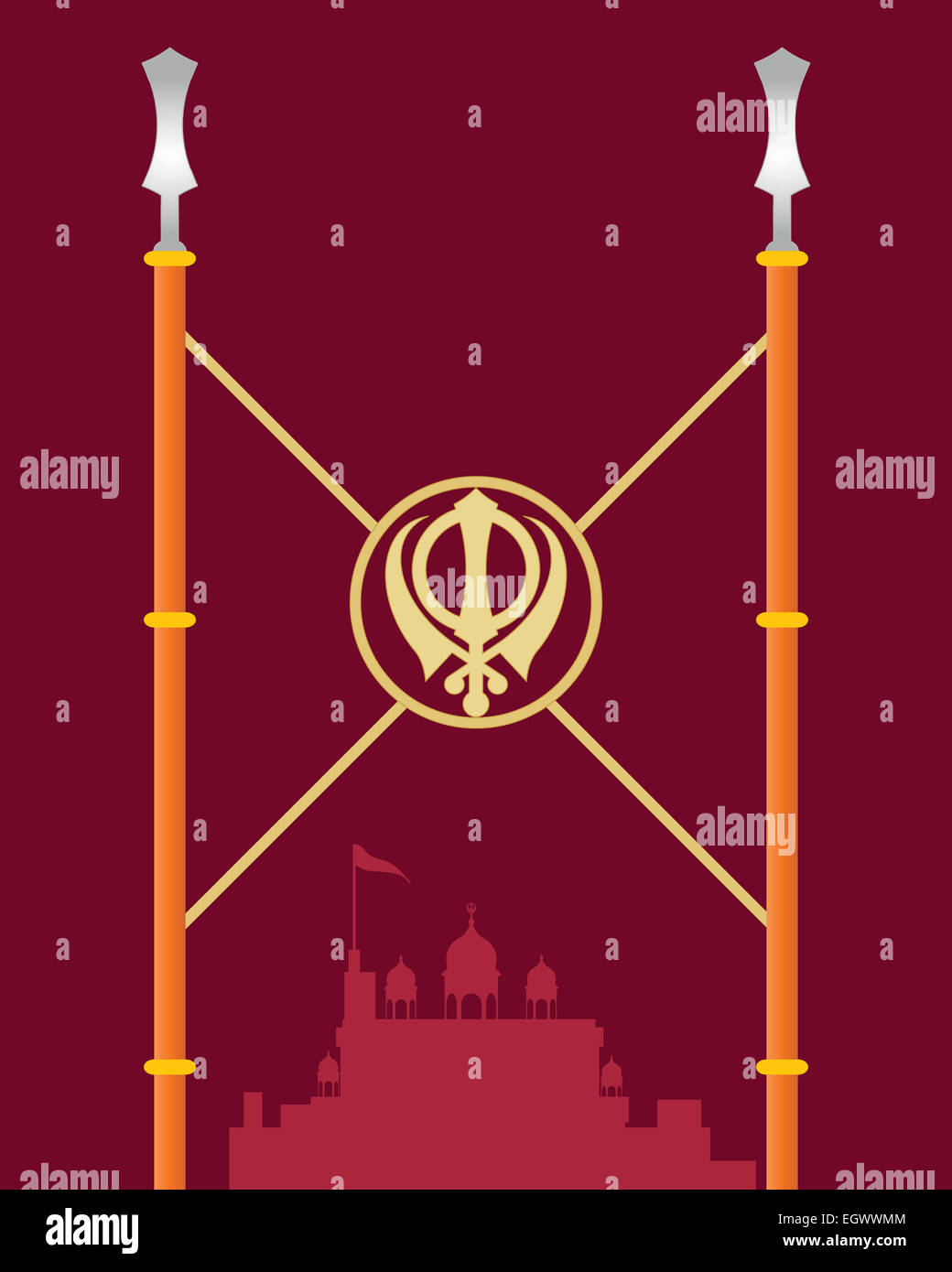 Une illustration d'une carte de souhaits avec gurdwara stylisé spears symbolique recouvert de tissu couleur safran Banque D'Images