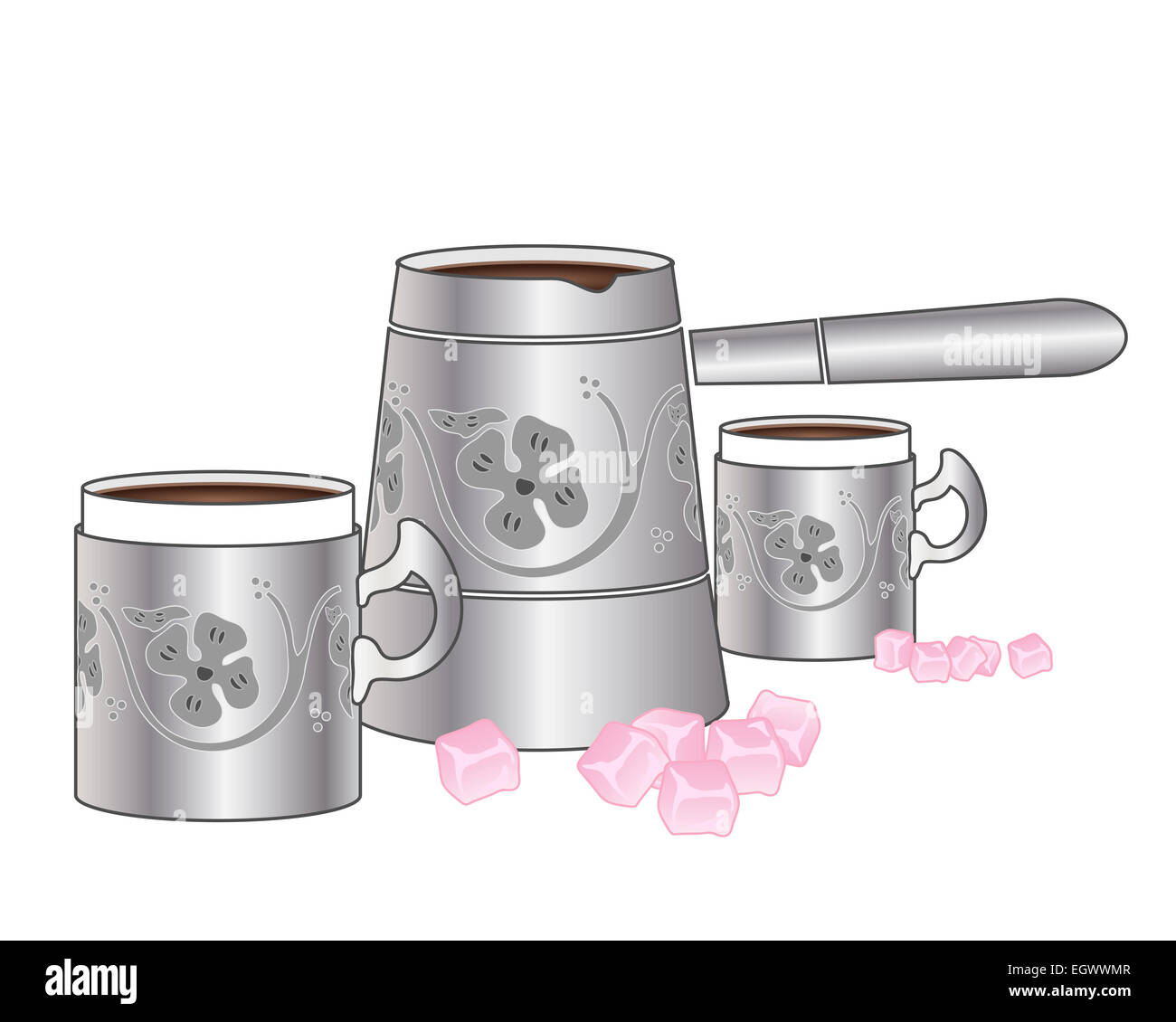 Une illustration d'une cruche d'argent fantaisie avec des tasses de café turc et les places de loukoum sur fond blanc Banque D'Images