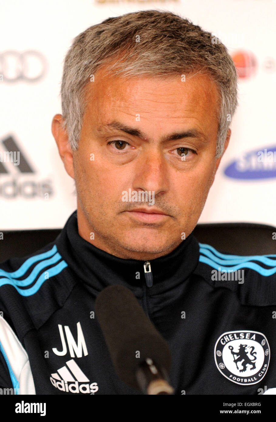 Jose Mourinho, lors d'une conférence de presse pour prévisualiser Everton v Chelsea FC Chelsea FC au terrain d'entraînement, Stoke D'Abernon, Surrey avec : Jose Mourinho Où : London, Royaume-Uni Quand : 29 août 2014 Banque D'Images
