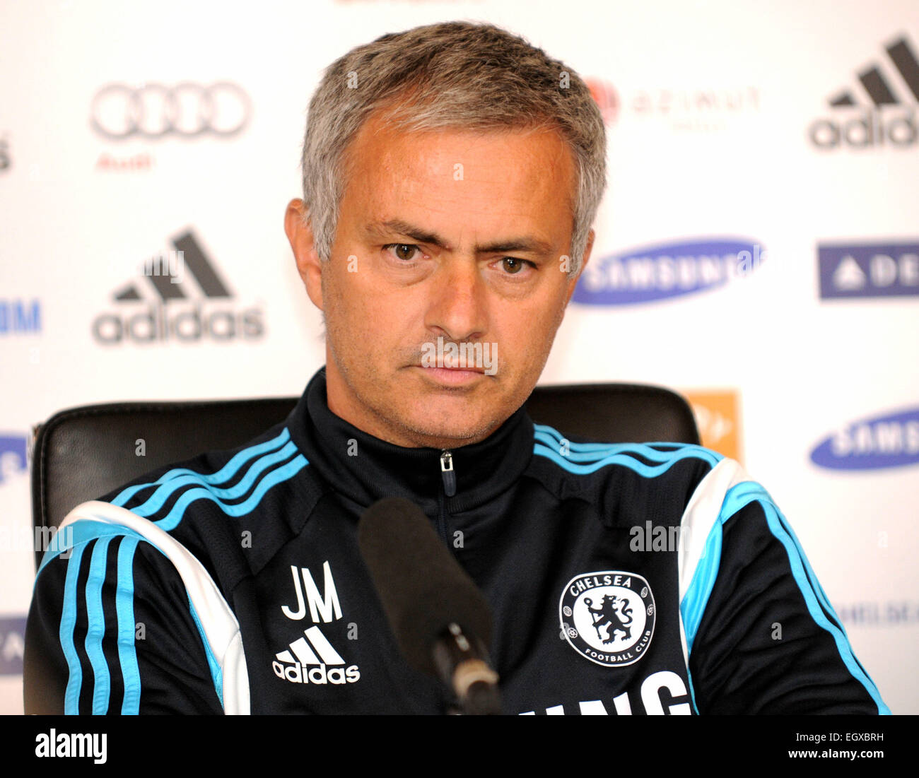 Jose Mourinho, lors d'une conférence de presse pour prévisualiser Everton v Chelsea FC Chelsea FC au terrain d'entraînement, Stoke D'Abernon, Surrey avec : Jose Mourinho Où : London, Royaume-Uni Quand : 29 août 2014 Banque D'Images