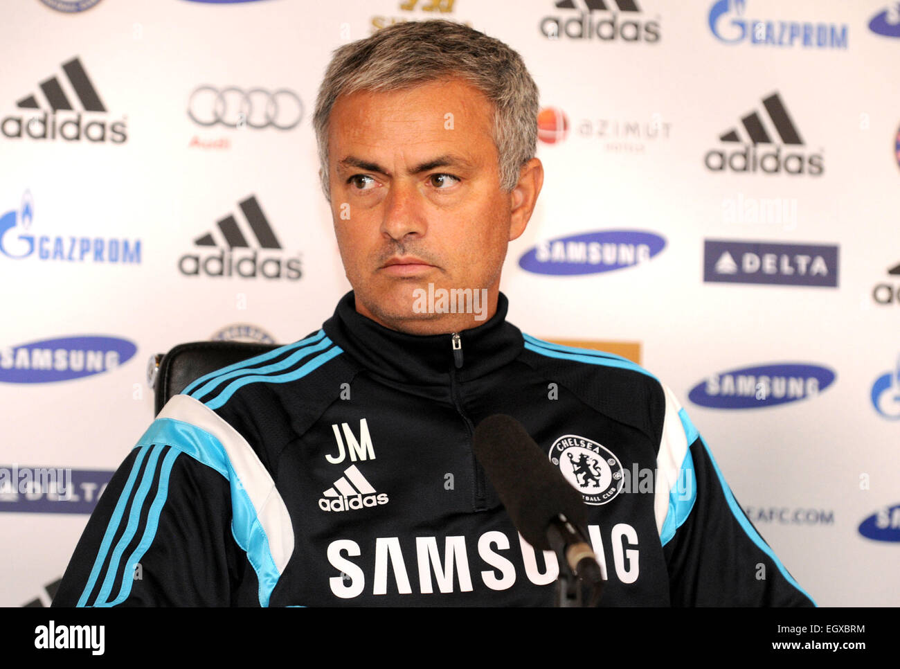 Jose Mourinho, lors d'une conférence de presse pour prévisualiser Everton v Chelsea FC Chelsea FC au terrain d'entraînement, Stoke D'Abernon, Surrey avec : Jose Mourinho Où : London, Royaume-Uni Quand : 29 août 2014 Banque D'Images