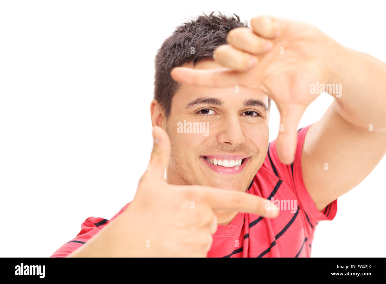 Bel homme cadrage photo avec ses mains isolé sur fond blanc Banque D'Images