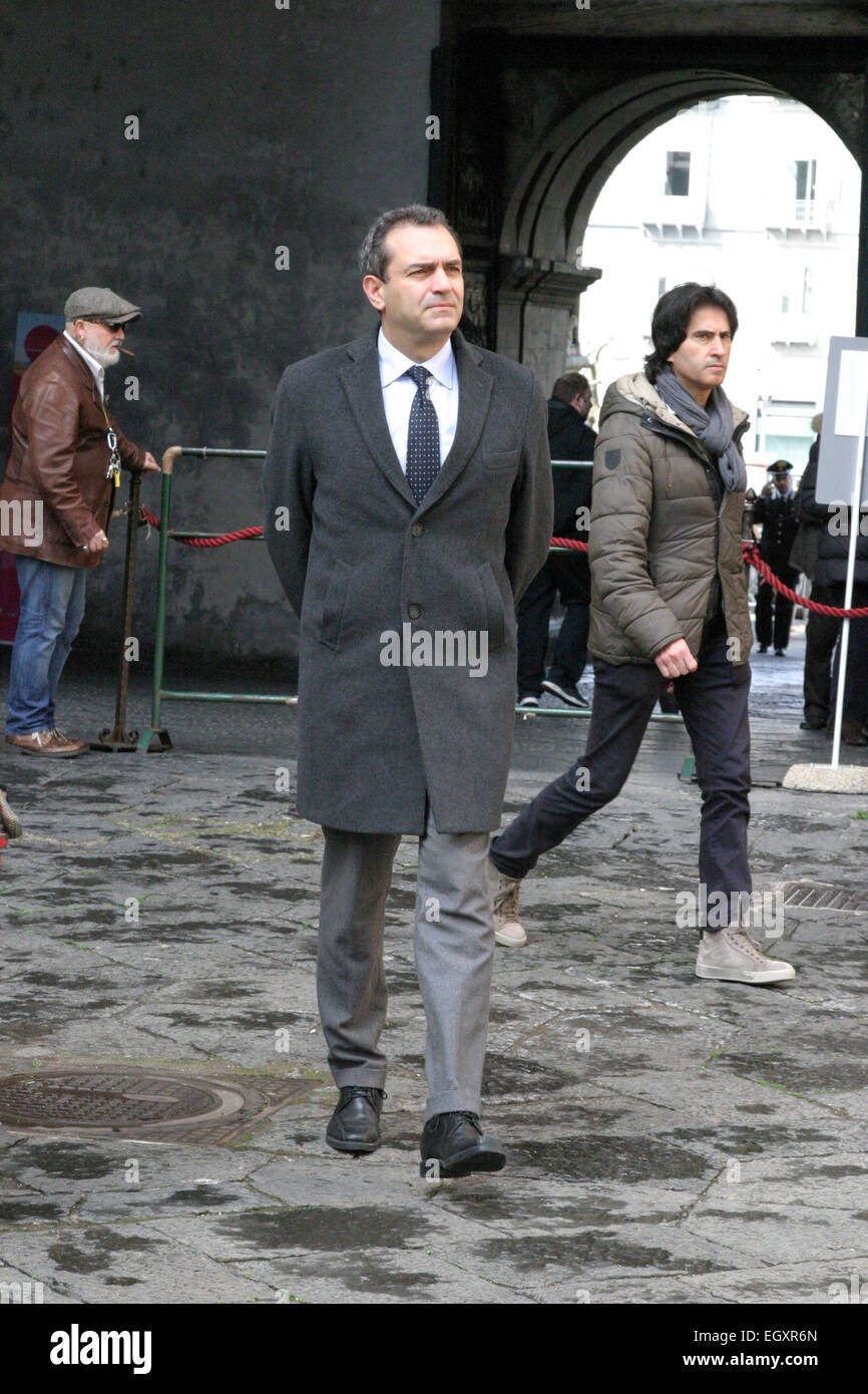 Naples, Italie. 3e mars 2015. Naples se souvient et commémore le directeur Napolitain Francesco Rosi avec un jour qui lui est consacré par la ville de Naples, parrainé par le maire Luigi de Magistris et le conseiller de la Culture Nino Daniele. Mémorial de l'administrateur qui est mort le 10 janvier dernier, en présence du maire de Naples, Luigi de Magistris, Carolina et Massimo, Luca De Filippo, conseiller municipal pour la culture Nino Daniele, Roberto Andò, Raffaele La Capria, Mario Martone et Giuseppe Tornatore dans Sala dei Baroni. Credit : PACIFIC PRESS/Alamy Live News Banque D'Images