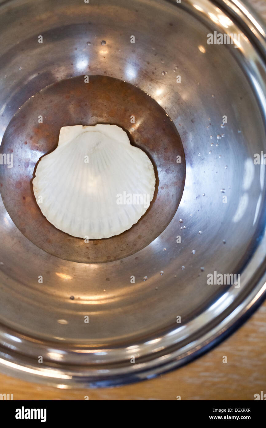 Close-up d'un avec de l'eau baptismale a ouvert et Shell dans une église pendant une cérémonie de baptême Banque D'Images