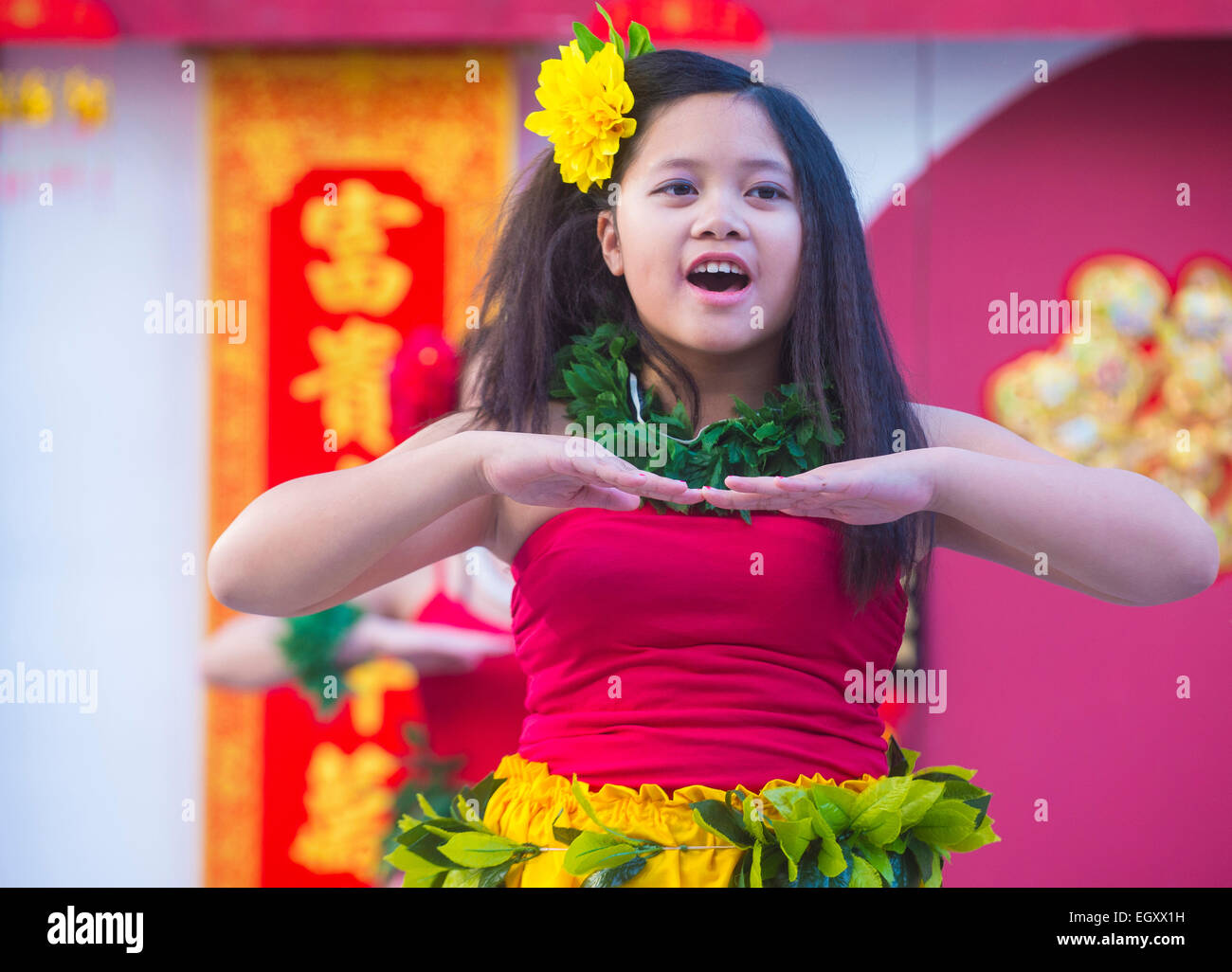 Les spectacles de danse folklorique Tahitienne au Nouvel An chinois qui a eu lieu à Las Vegas Banque D'Images