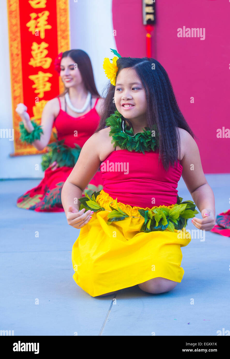 Les spectacles de danse folklorique Tahitienne au Nouvel An chinois qui a eu lieu à Las Vegas Banque D'Images