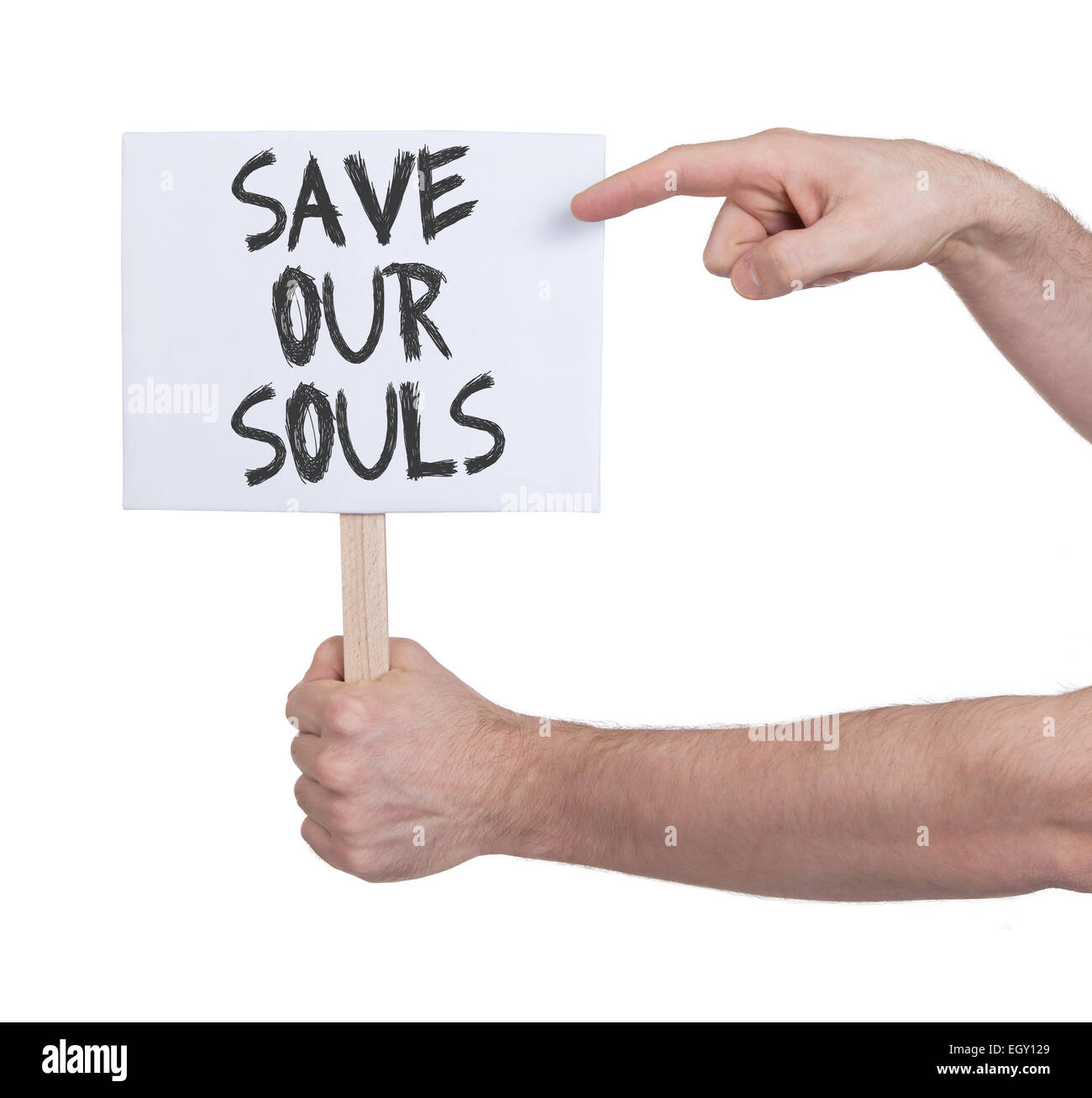 Hand holding sign, isolé sur blanc - Sauver nos âmes Banque D'Images