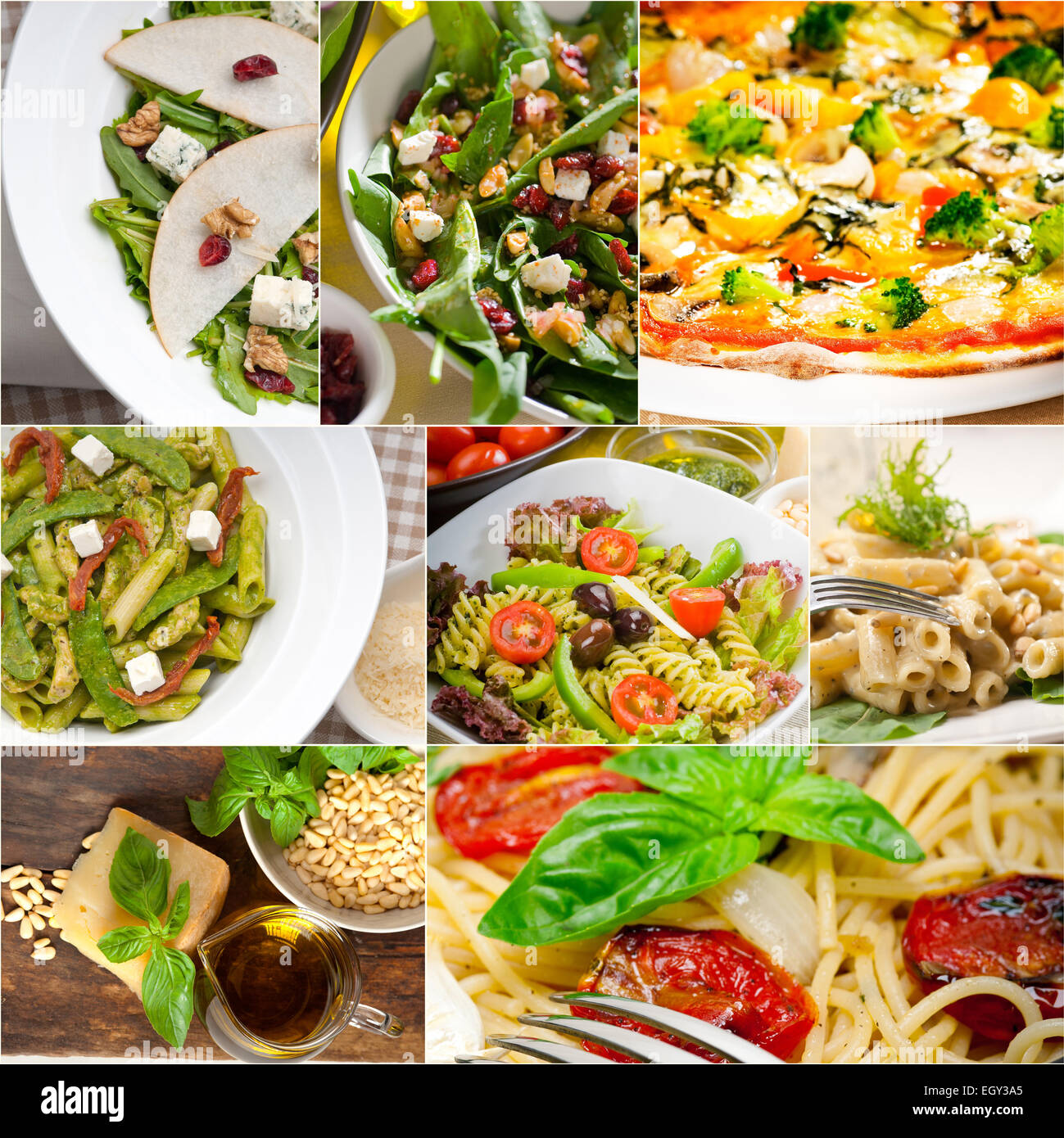 Salade Soupe pâtes végétarienne saine aliments de base Italien pizza collage Banque D'Images