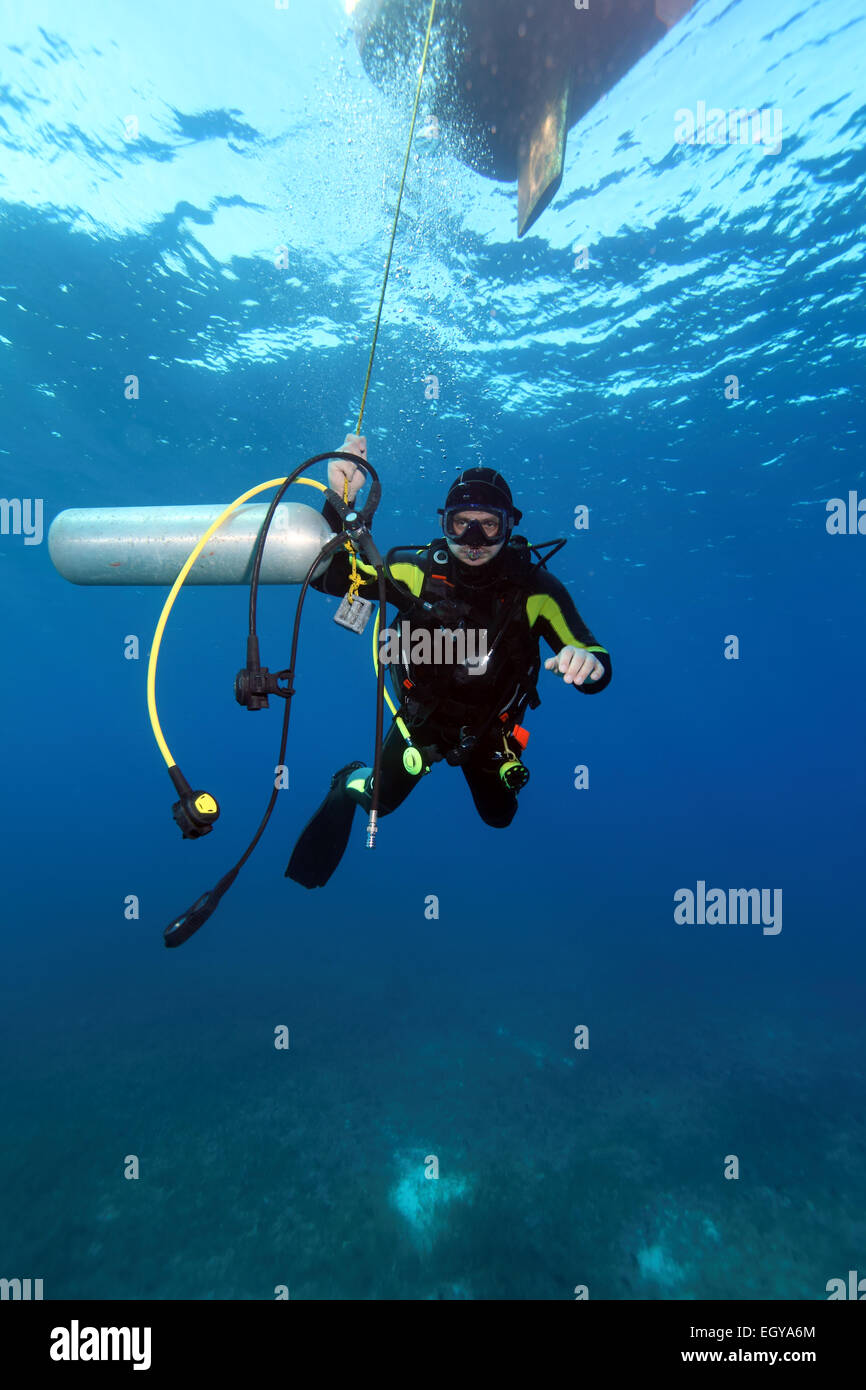 Plongeur avec réservoir additionnel, mer des Caraïbes, Cuba Banque D'Images