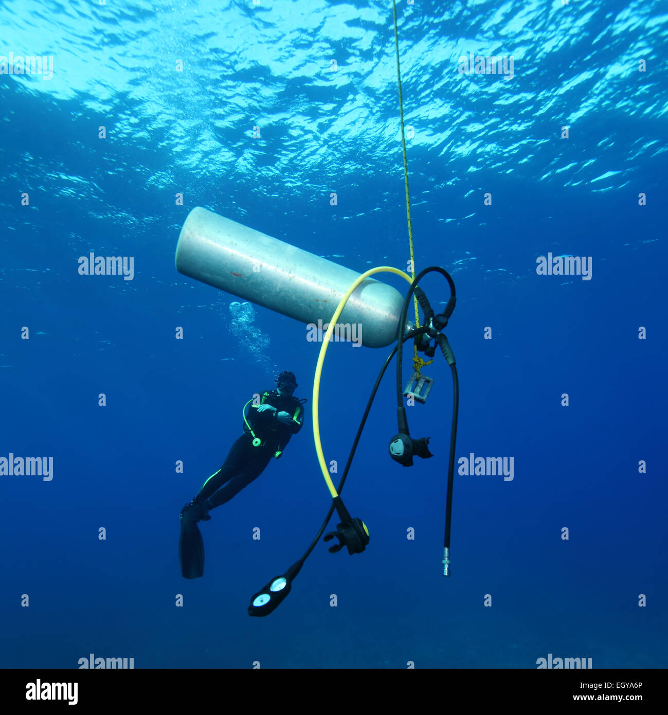 Plongeur avec réservoir additionnel, mer des Caraïbes, Cuba Banque D'Images