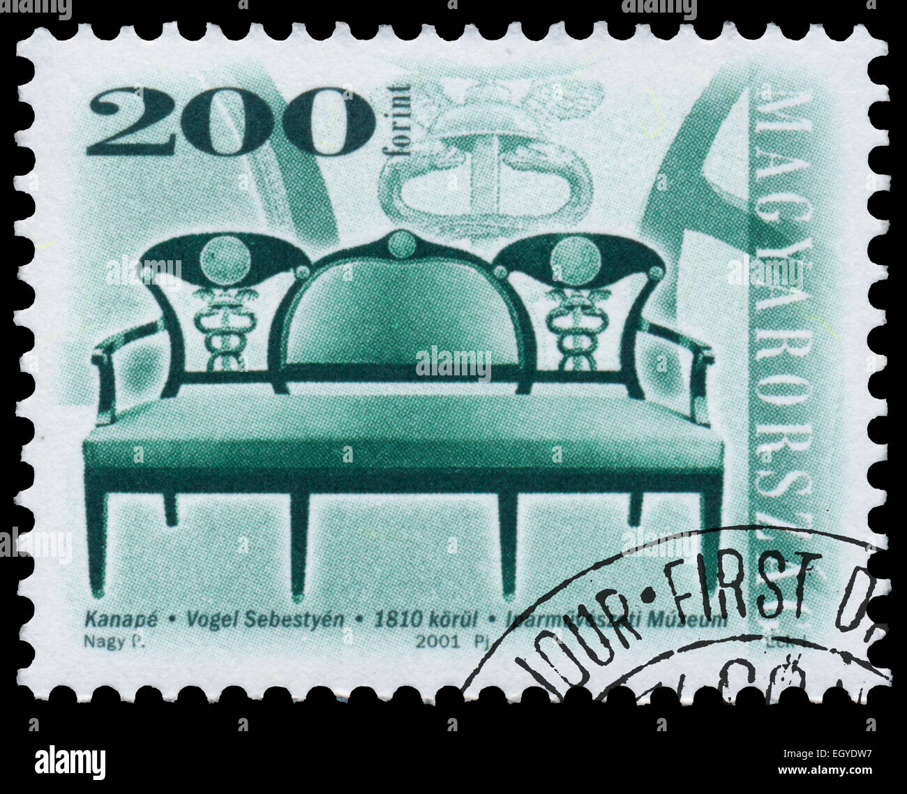 Hongrie - circa 2001 : timbres en Hongrie, montre chaise ancienne par Sebestyen Vogel, l'ACC 1810, avec la même inscription, bof Banque D'Images