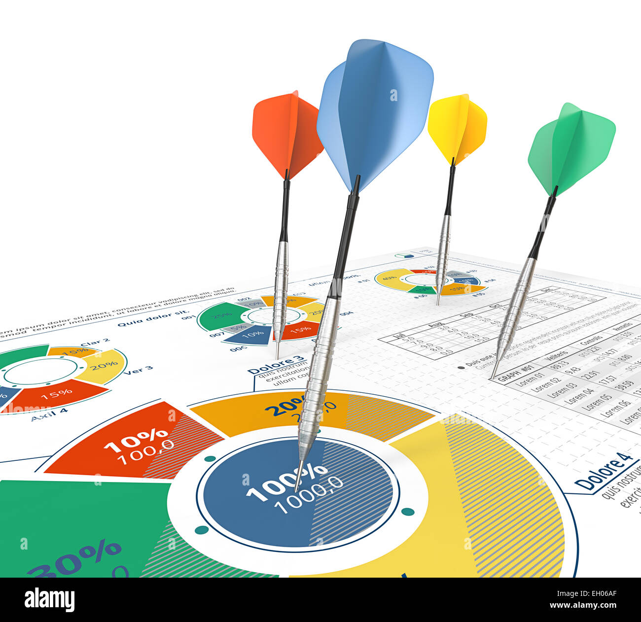 Groupes cibles. Infographies colorées fléchettes sur document avec les graphiques à secteurs. Banque D'Images