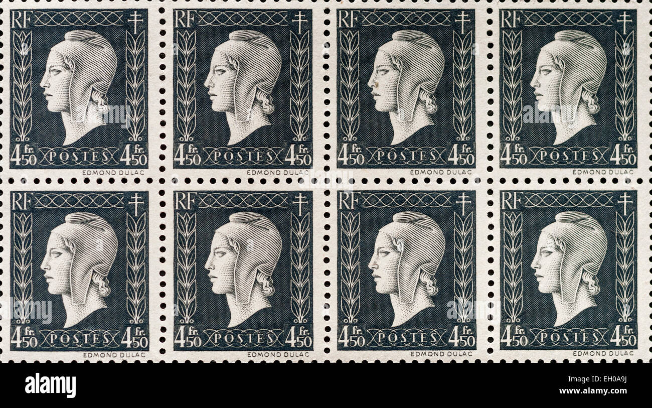 Bloc de huit les 4f 50C "Marianne de Dulac" Français droit timbre-poste, 1944/45. Banque D'Images