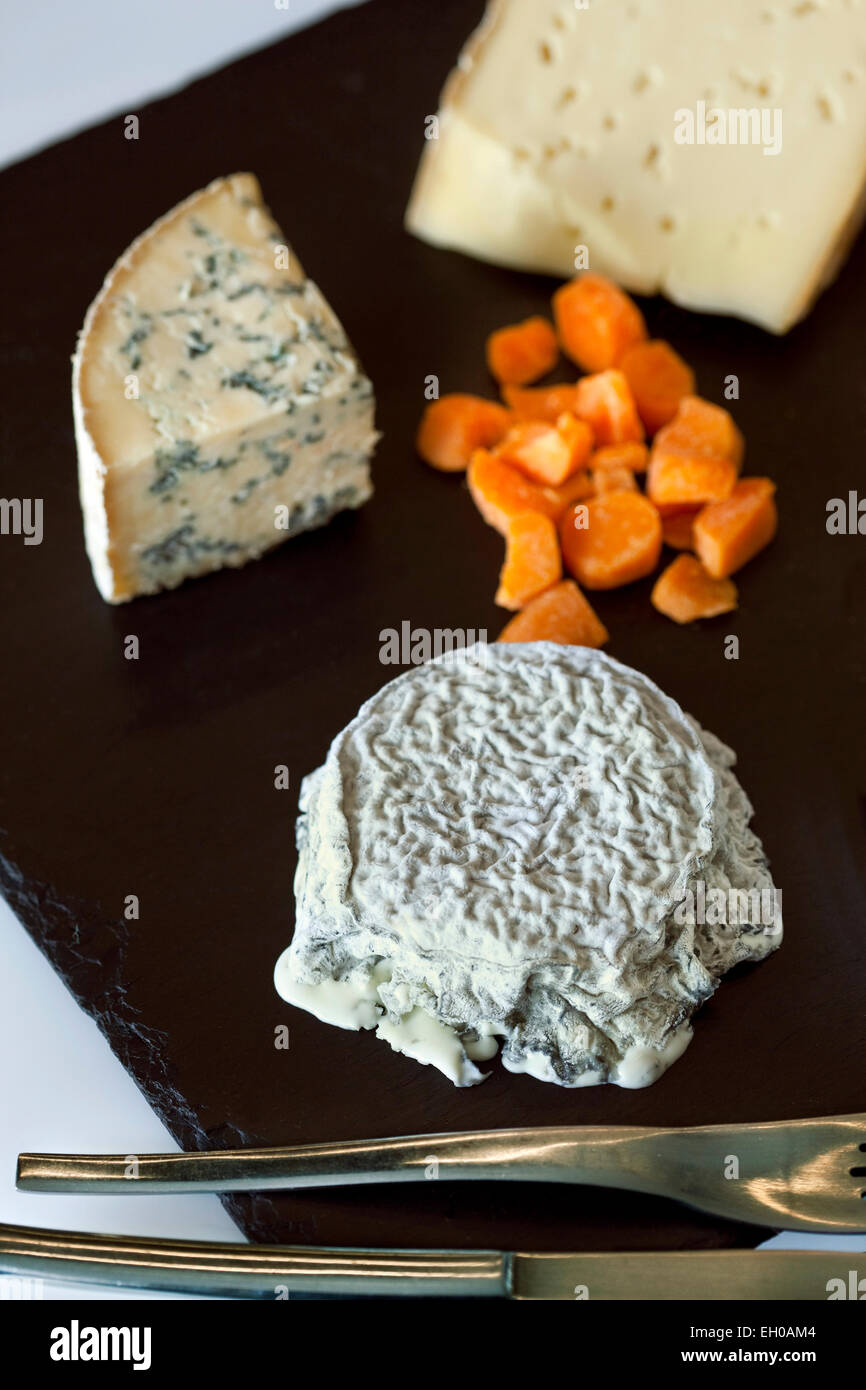 Divers fromages sur une ardoise dans un restaurant Banque D'Images