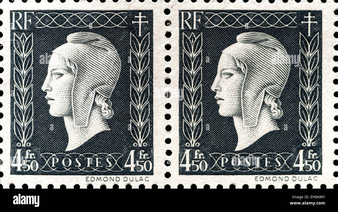 Paire de 4f 50C "Marianne de Dulac" Français droit timbre-poste, 1944/45. Banque D'Images