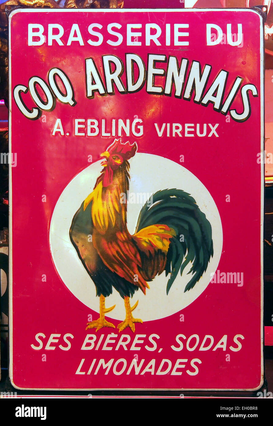 Brasserie du Coq Ardennais, UN Ebling vireux, émail enseigne publicitaire Banque D'Images
