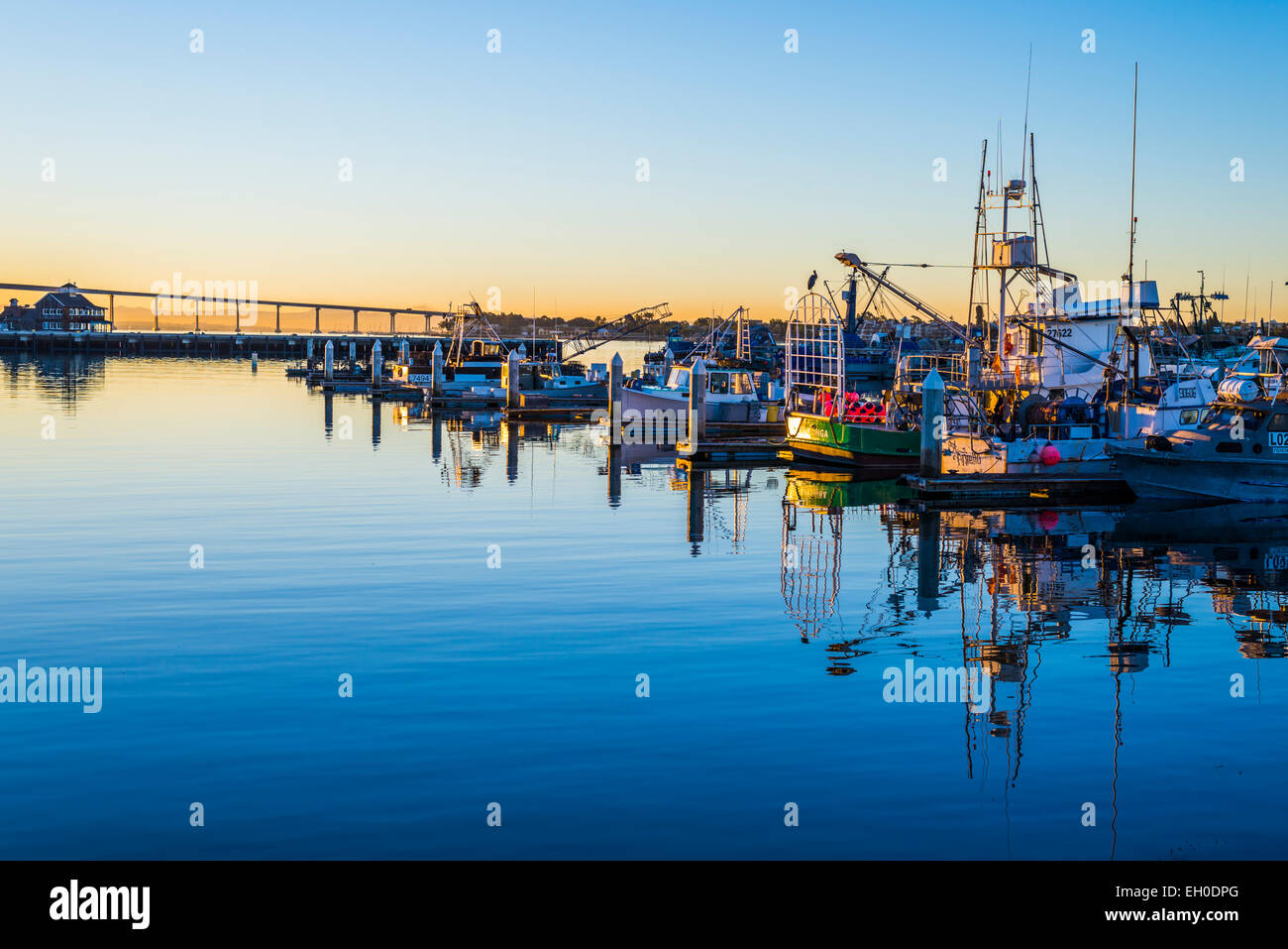 Bateaux amarrés au port de thon au lever du soleil. San Diego, Californie, États-Unis. Banque D'Images