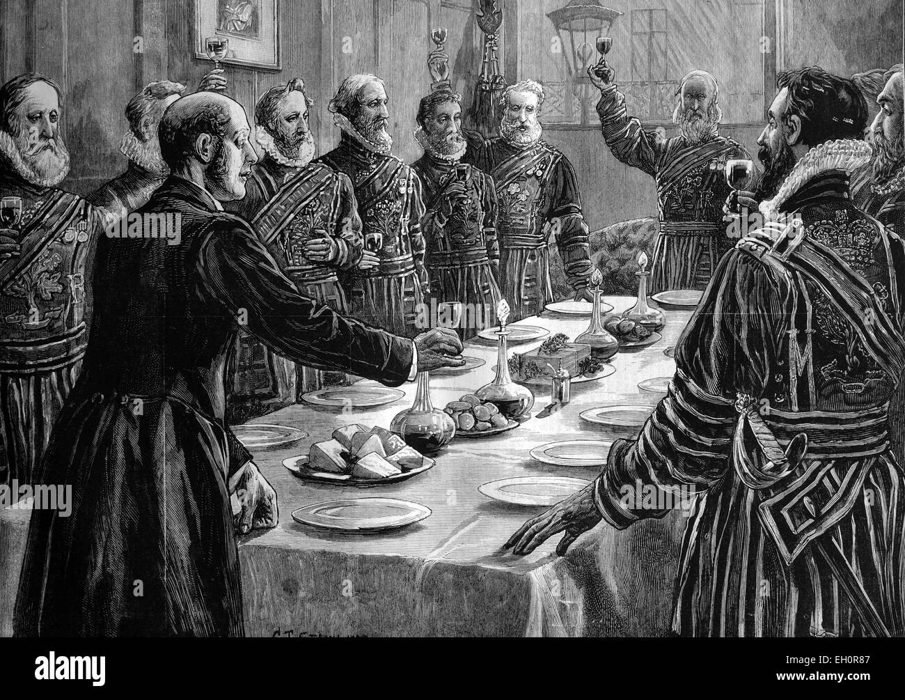 L'ouverture du Parlement, Yeoman du garde de Sa Majesté la reine à boire après une recherche en santé le sous-sol des Maisons du Parlement, Londres, Angleterre, illustration historique, 1884 Banque D'Images