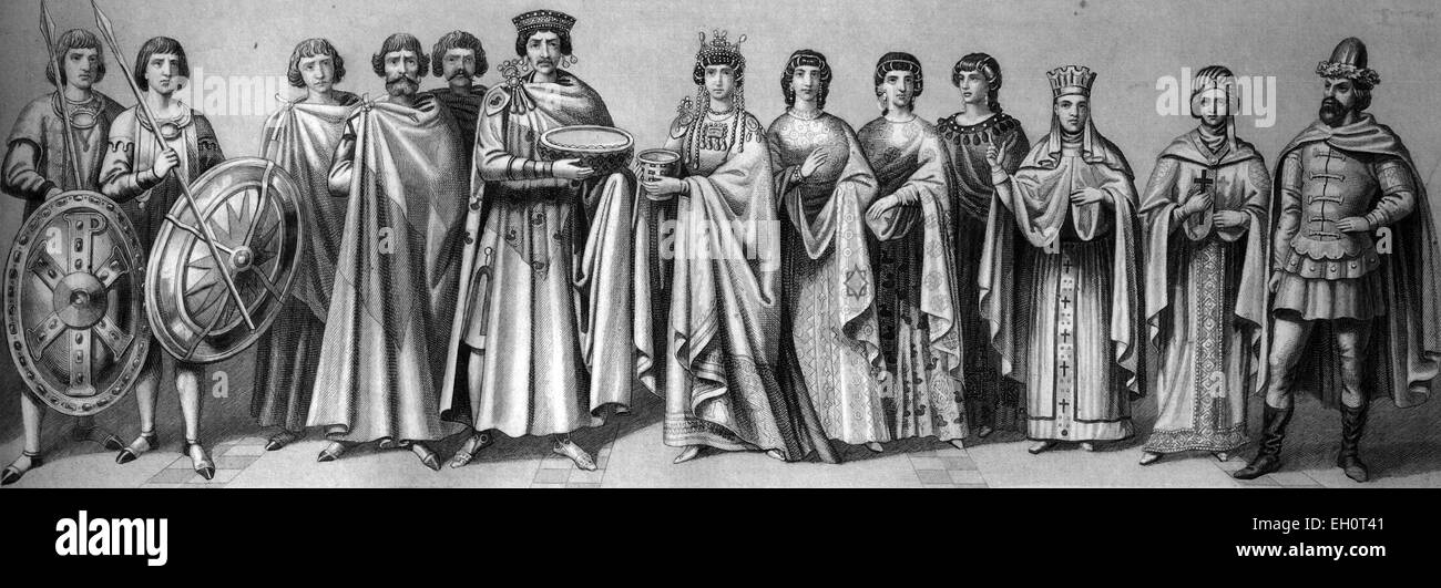 L'histoire culturelle dans l'antiquité, de gauche à droite : l'empereur romain Justinien, 484-565, avec les responsables de la cour et de garde, son épouse l'impératrice Théodora, 500- 548, Cour avec mobilier ancien, mesdames et Fédération de costumes, illustration historique Banque D'Images