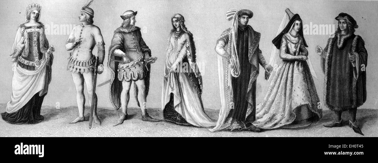 L'histoire culturelle, à partir de la gauche : deux costumes élégant  costume de 1380, avec des cloches à partir de 1400, avec costume  Zatteltracht 1430 plus de frontière, Philippe le Bon ou