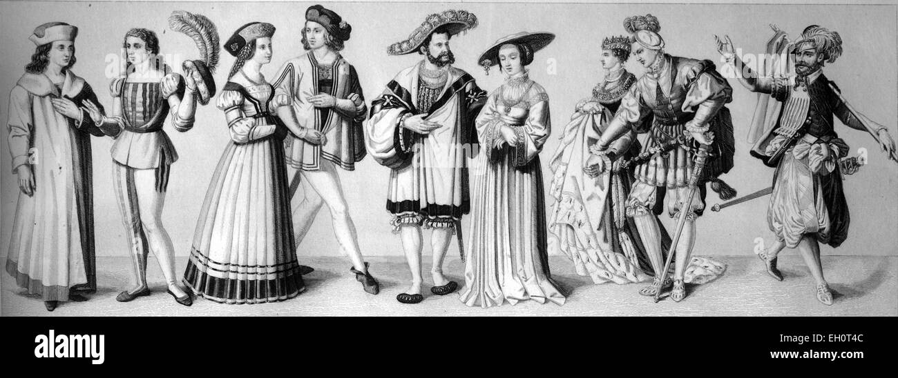 L'histoire culturelle, à partir de la gauche : deux costumes des élèves autour de 1500, un couple de danseur patrician's ball en 1510, couple d'une procession de mariage autour de 1530, couronné promise et companion de 1550, le cavalier avec pantalons bouffants de 1560, illustration historique Banque D'Images