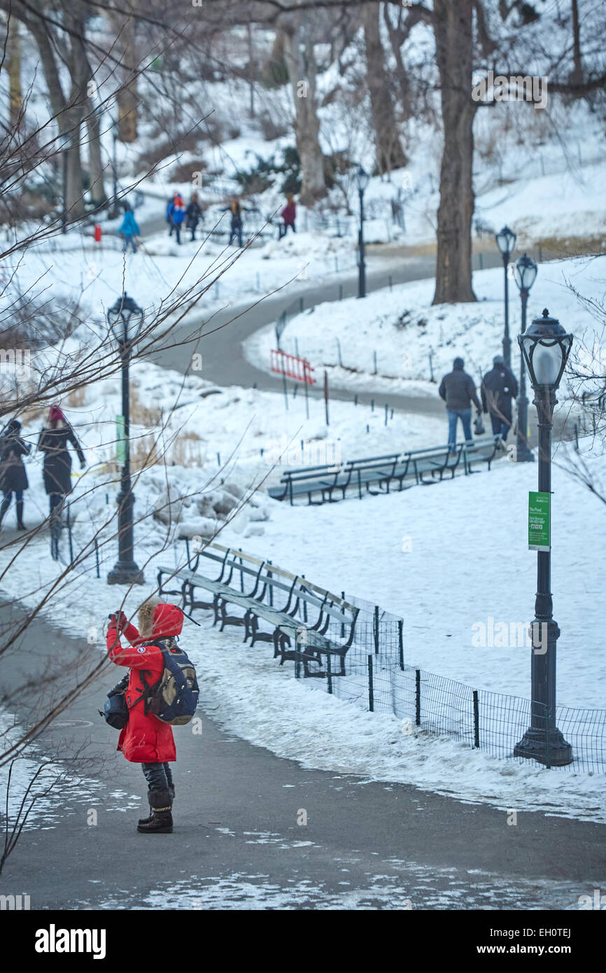 Froid dans la neige de Central Park, Manhattan à New York City Banque D'Images