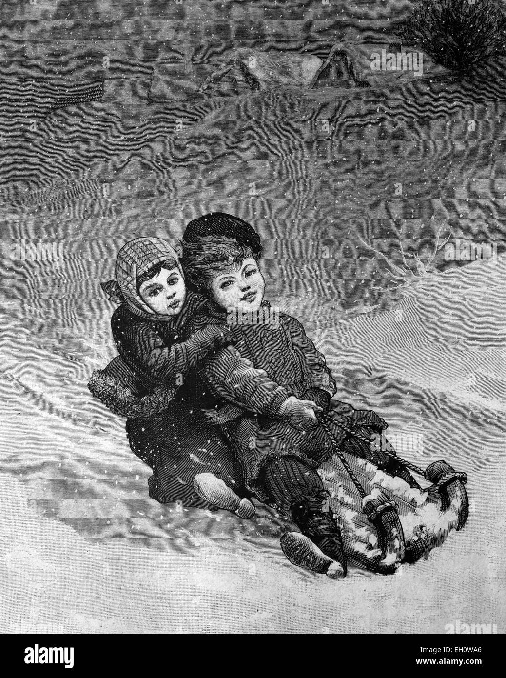 Enfants sur une luge, illustration historique, vers 1886 Banque D'Images