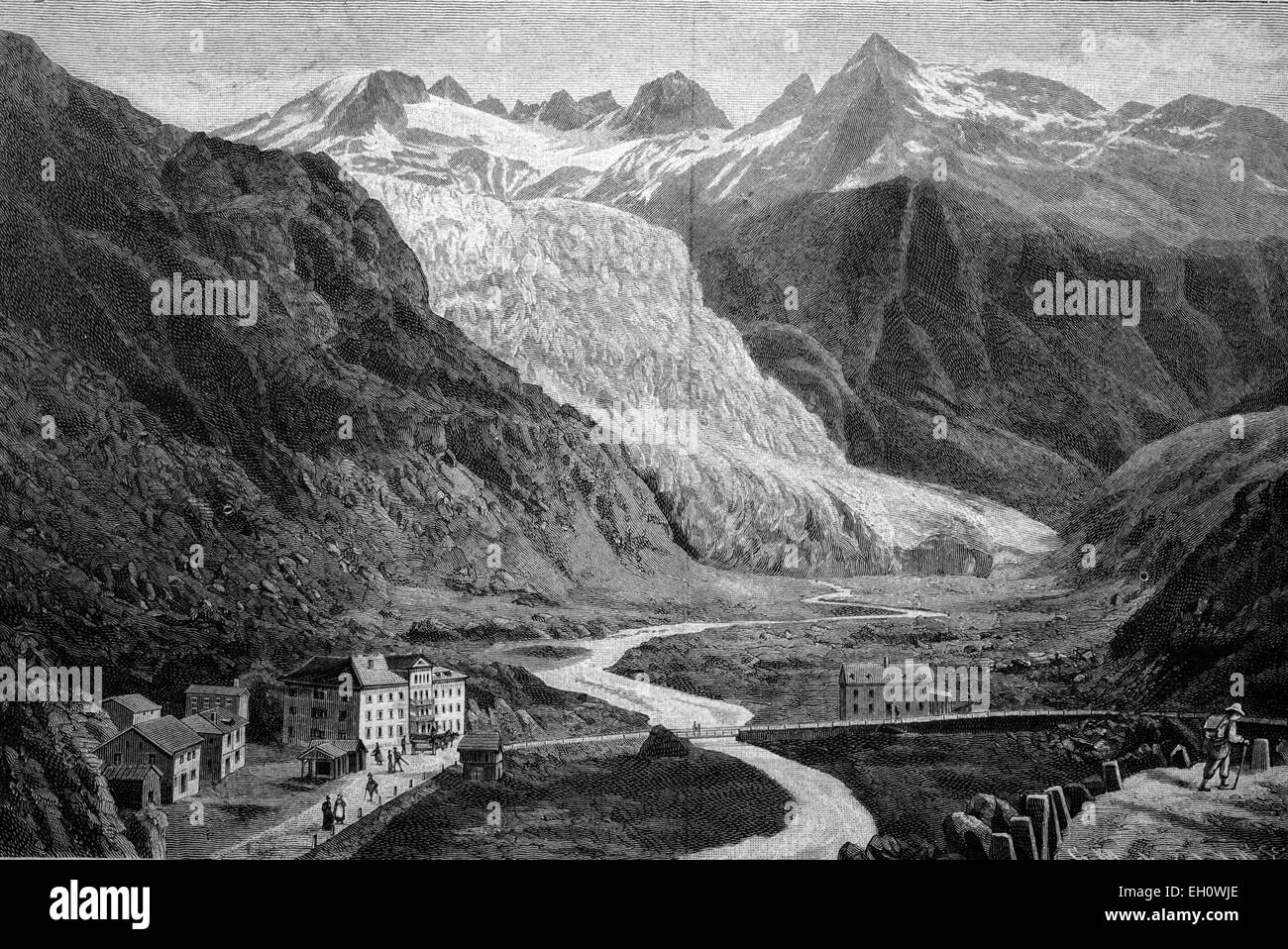 Glacier du Rhône, Valais, Suisse, historique, illustration du vers 1886 Banque D'Images