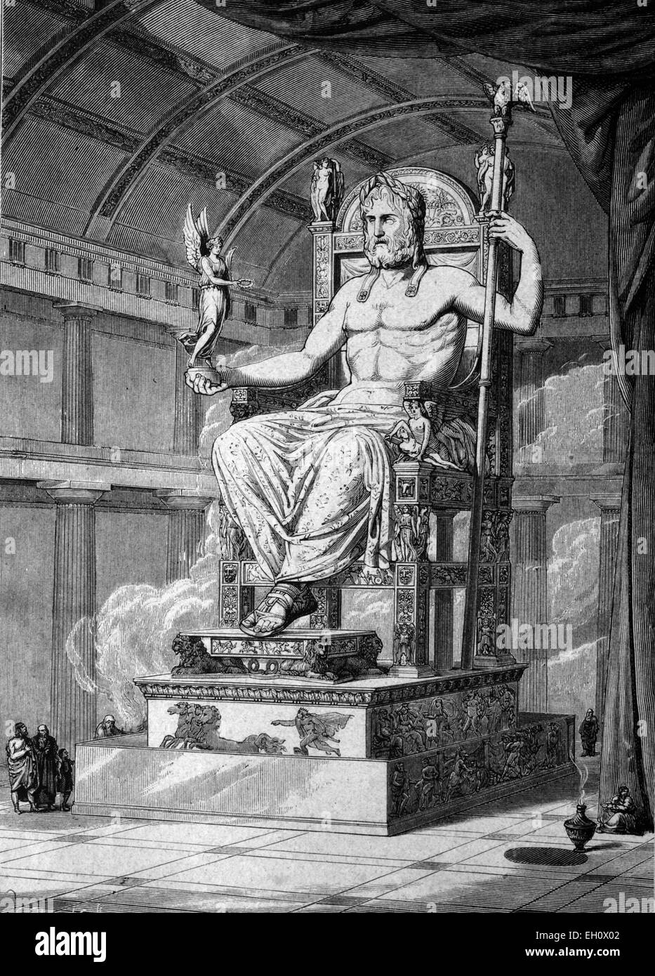 La statue de Zeus Olympien par Phidias zu Olympia, 456 avant J.-C., l'une des sept merveilles du monde antique, illustration historique, vers 1886 Banque D'Images