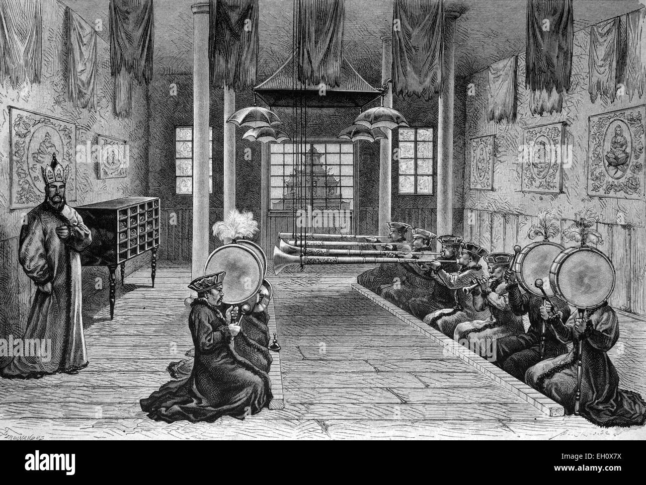 Les musiques à la pagode de Kurul Kalmuck, la Chine, l'illustration historique, vers 1886 Banque D'Images