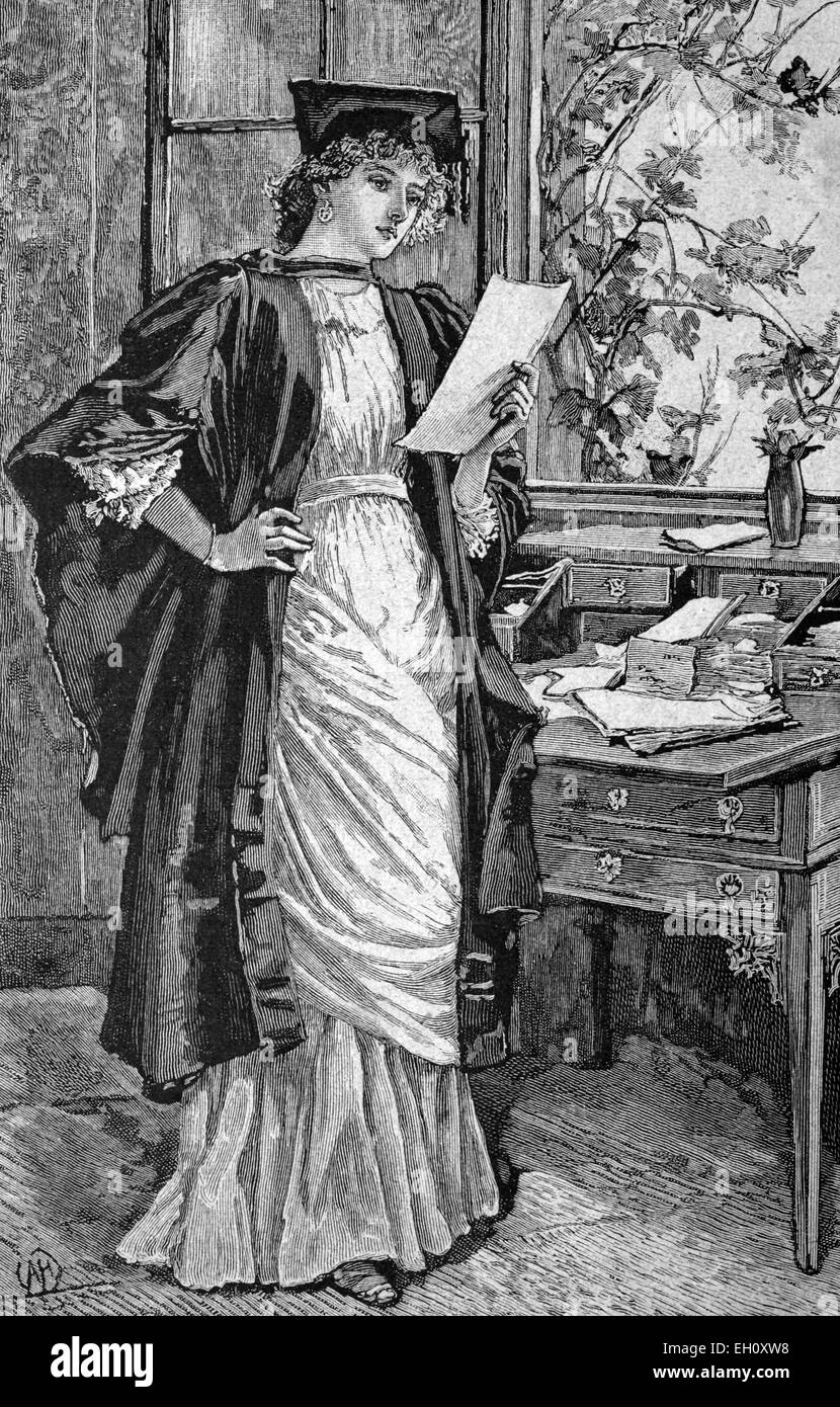 Femme médecin à l'Université de Londres en 1880, l'illustration historique, vers 1886 Banque D'Images