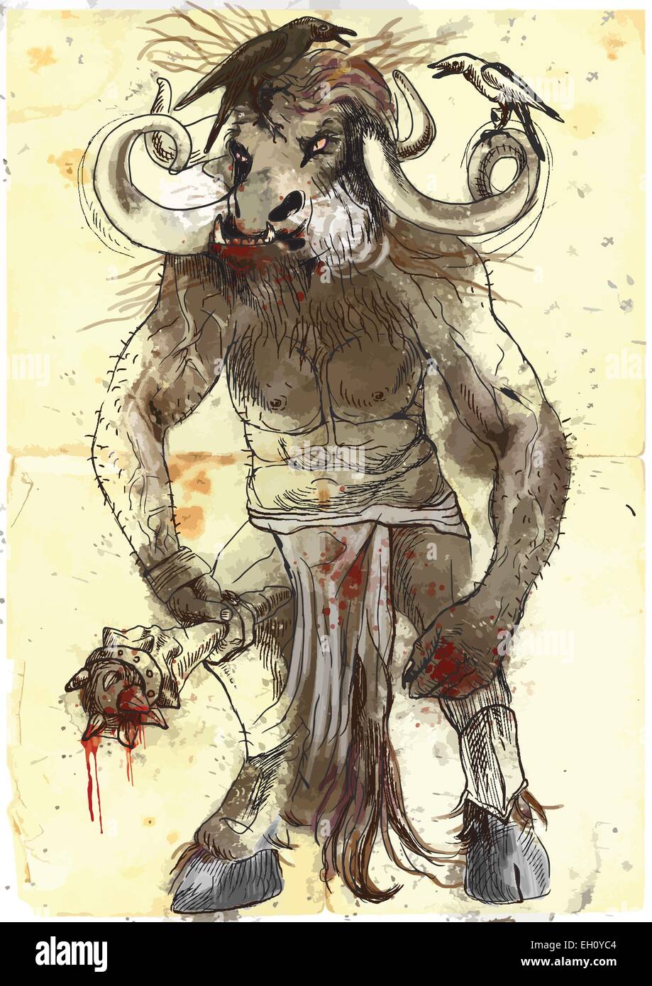 Une illustration dessinée à la main en grec ancien mythes et légendes : MINOTAURE (était une créature avec la tête d'un taureau sur le corps d'un Illustration de Vecteur