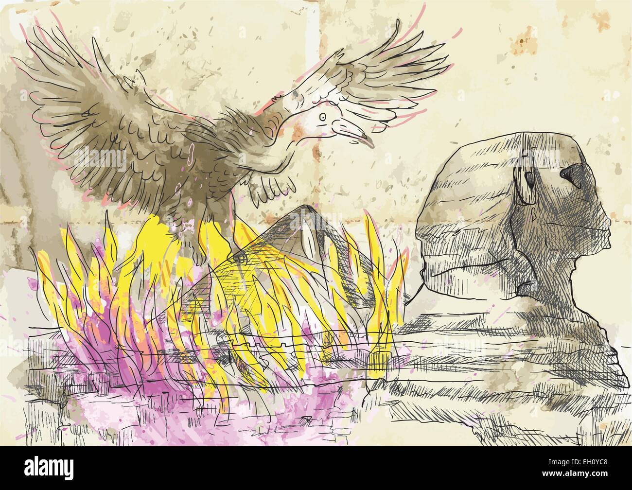 Une illustration dessinée à la main en grec ancien mythes et légendes : Phoenix (à vie longue est un oiseau qui est régénérée cycliquement ou r Illustration de Vecteur