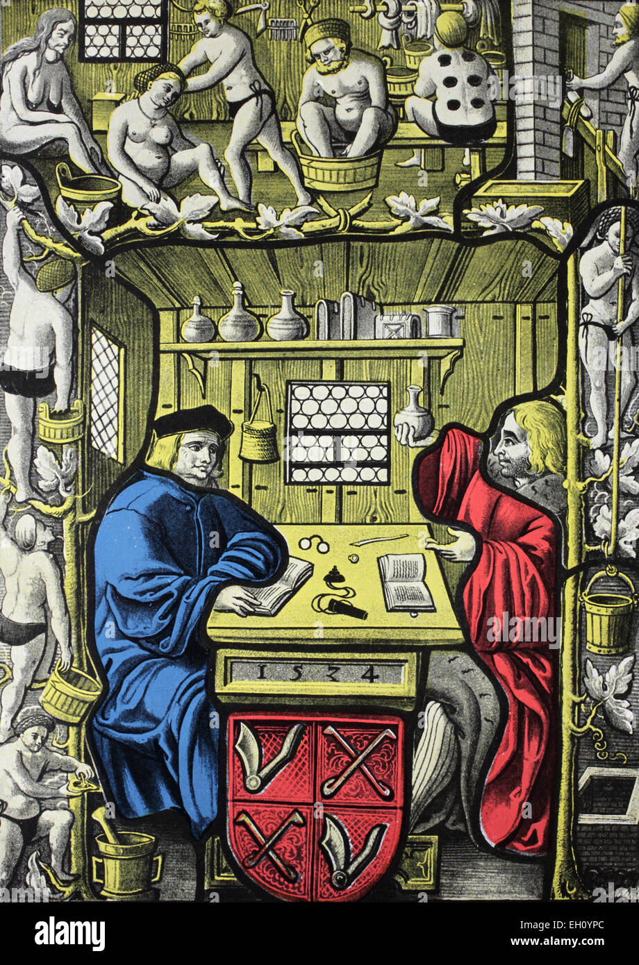 Propriétaire d'un établissement de bains, 16e siècle, la peinture de verre Suisse historique 1524 Banque D'Images